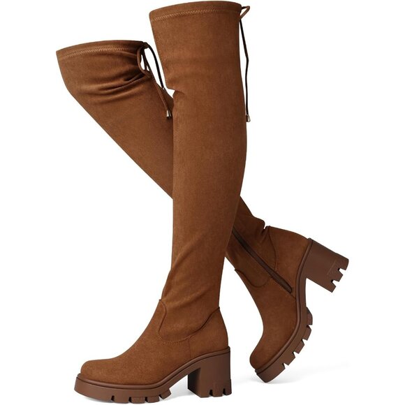 ⚡Women's Brown Thigh High Boot 3 Inch Chunky Heel Tall Boot Platform Side Zipper - Picture 1 of 5